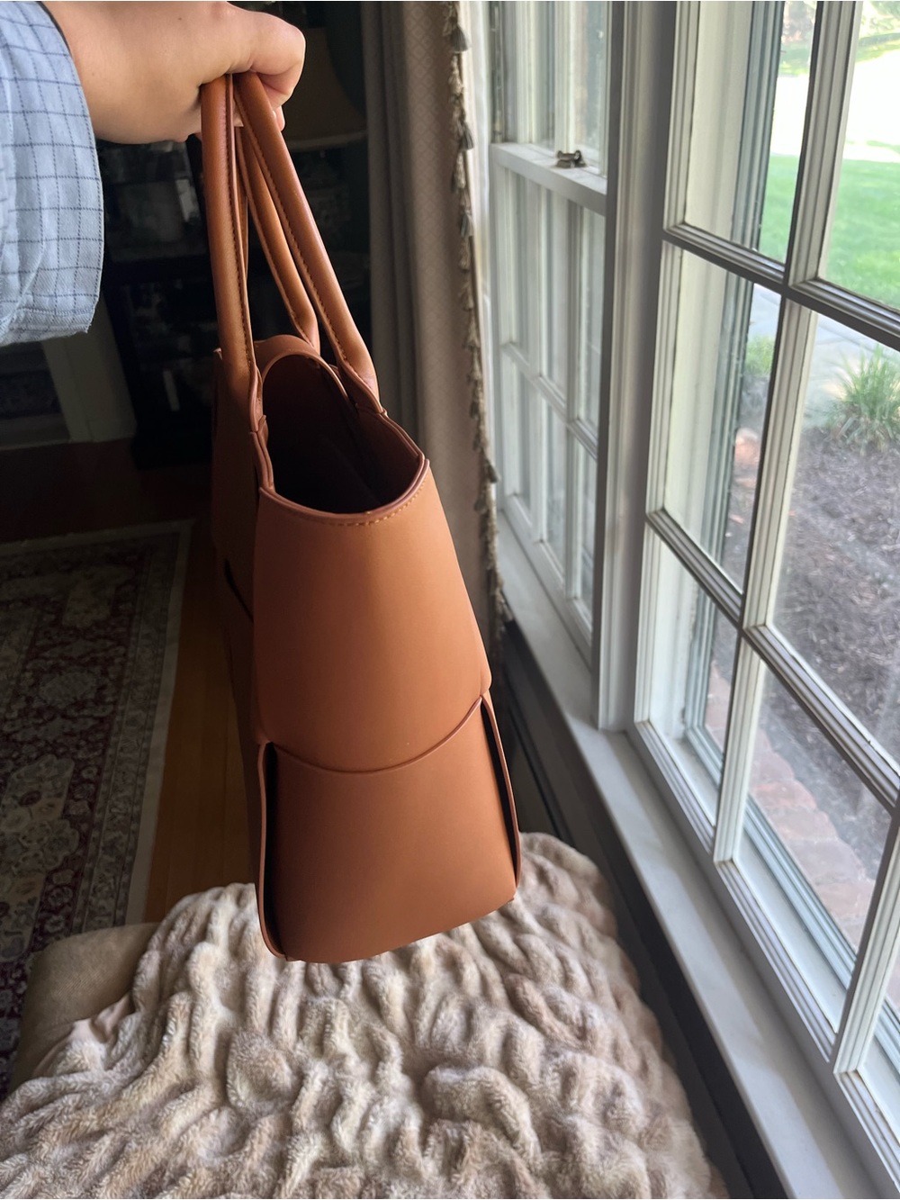 The Mega Tessare Woven Leather Handbag in Saddle by J.McLaughlin - Picture 4 of 9